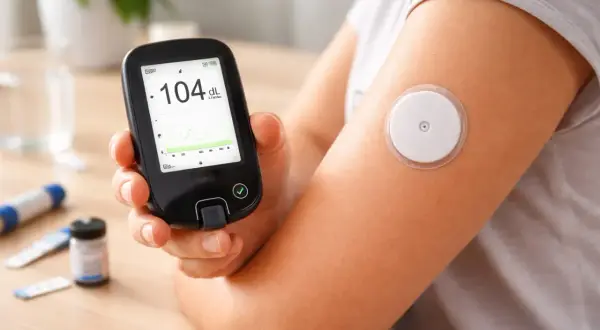Un braccio con un sensore per il monitoraggio del glucosio e un misuratore glicemia ultima generazione che mostra 104 dL.