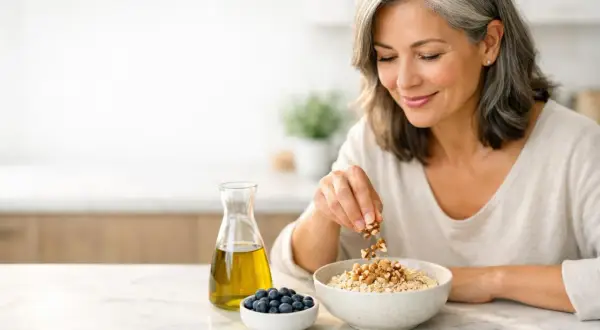 Donna in menopausa sceglie una dieta sana per il colesterolo alto, aggiungendo noci all'avena.