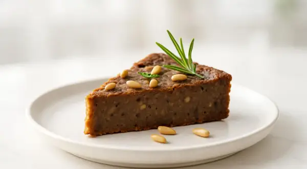 Fetta di torta di castagne con pinoli e rosmarino. Un dolce gustoso, ma attenzione alla glicemia!