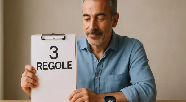 Uomo con tavoletta "3 Regole" e glucometro. Scopri i trucchi per abbassare la glicemia e mantenere i valori sotto controllo.