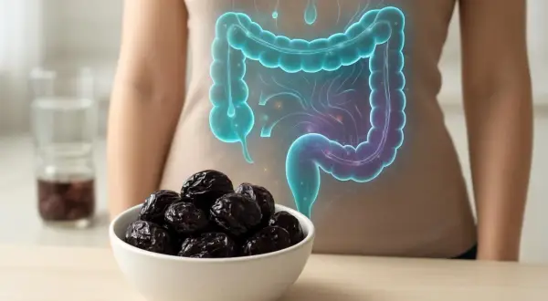 Prugne secche, un rimedio naturale per la stitichezza, mostrate accanto a un'illustrazione dell'intestino umano.
