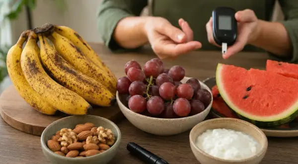 Frutta secca, uva, banane, anguria e yogurt. Una persona controlla la glicemia con un glucometro, suggerendo un'alimentazione attenta per la gestione del diabete.