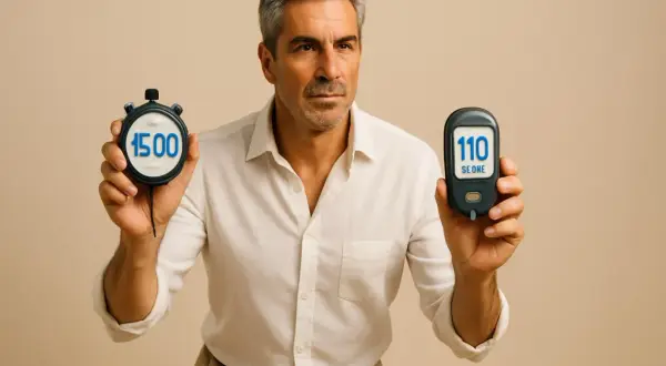Uomo con glucometro (110) e cronometro (1500). Valori glicemia dopo camminata.