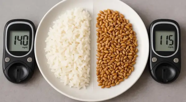 Piatto diviso: riso bianco (indice glicemico 140) e chicchi di grano (indice glicemico 115). Scegliere cereali a basso indice glicemico per una dieta sana.