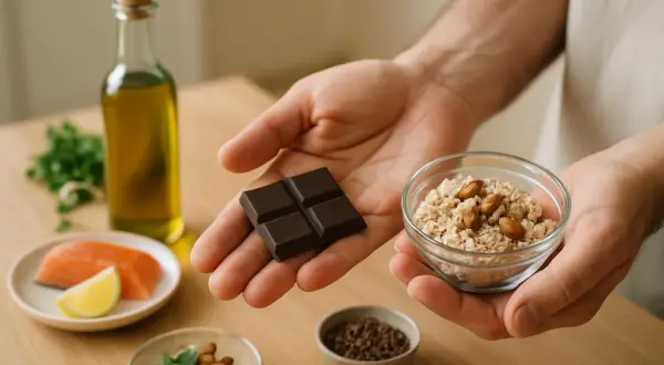Un pezzo di cioccolato fondente in mano, accanto a una ciotola di fiocchi d'avena e mandorle. Un pasto equilibrato per gestire il colesterolo.