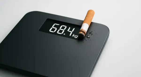 Bilancia digitale mostra 68.4 kg con una sigaretta. Forse qualcuno pensa che fumare fa dimagrire, ma è un mito pericoloso.