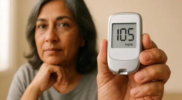 Donna preoccupata guarda il glucometro che segna 105. Le infiammazioni alzano la glicemia, un problema da non sottovalutare.