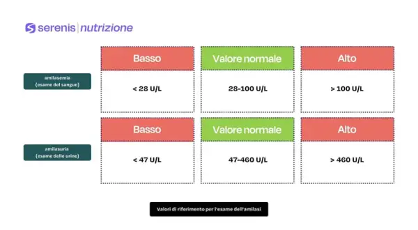 Tabelle con amilasi valori normali per esami del sangue e urine. Indica livelli bassi, normali e alti.