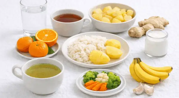 Cosa mangiare con la febbre: riso, patate, verdure, frutta, tè, zenzero e aglio per un pasto leggero e nutriente.