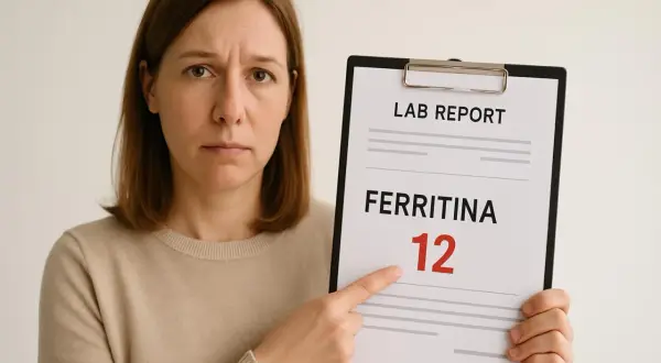 Donna preoccupata indica un referto con emocromo perfetto ma ferritina bassa, valore 12.