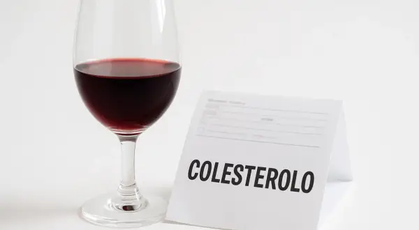 Un bicchiere di vino rosso accanto a un foglio con la scritta "COLESTEROLO".
