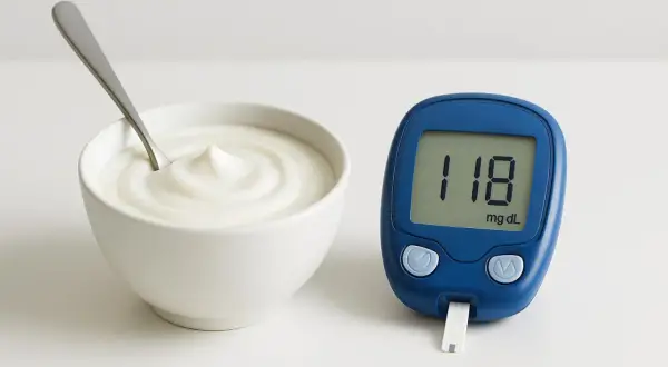 Ciotola di yogurt e glucometro con valore 118. Un'opzione salutare per chi cerca yogurt per diabetici.