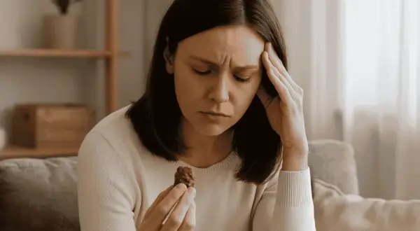 Donna con cioccolatino in mano, fronte corrugata, mano sulla tempia. Affrontare la fame nervosa cosa fare.