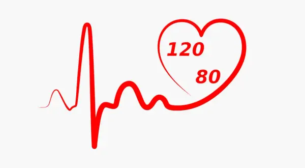 Grafico di un elettrocardiogramma con un cuore rosso che mostra 120/80, indicando le pulsazioni al minuto.