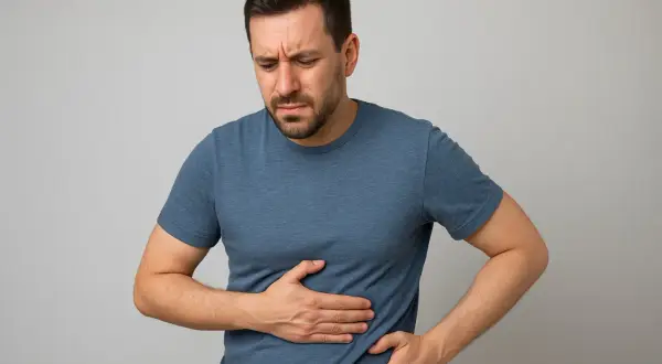 Uomo con espressione sofferente, mani sull'addome. Potrebbe indicare preoccupazione per un possibile **gamma gt alto tumore** o altri problemi epatici.