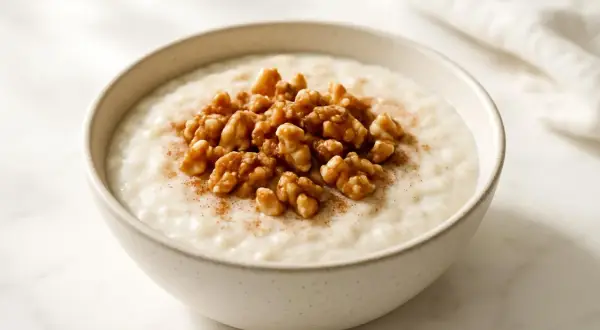 Una ciotola di porridge cremoso con noci e cannella, perfetta per una colazione a basso indice glicemico.