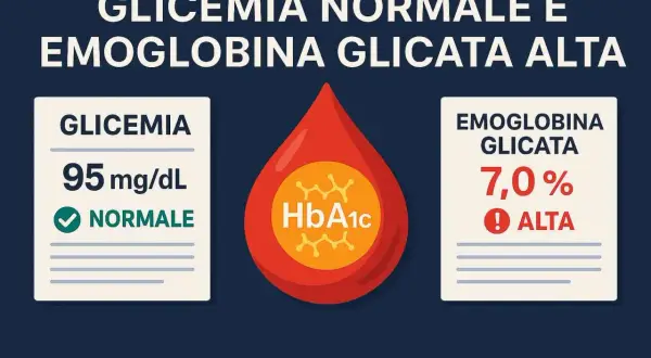 Glicemia normale (95 mg/dL) ma emoglobina glicata alta (7,0%). Un valore di emoglobina glicata alta indica un rischio.