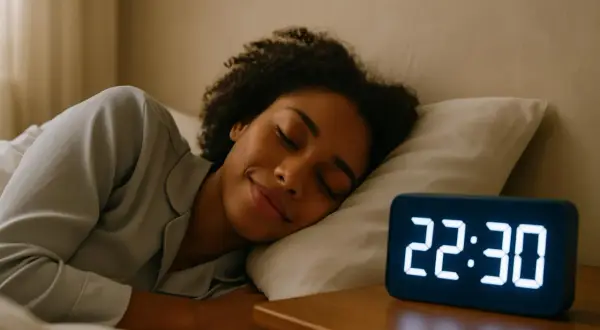 Donna dorme serenamente, l'orologio segna 22:30. Dormire fa dimagrire, un segreto per il benessere.