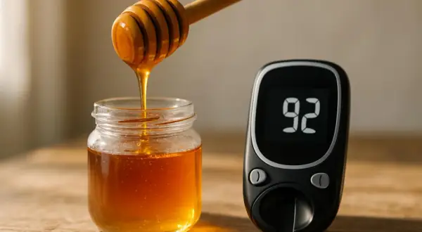Miele che cola da un bastoncino in un barattolo, accanto a un glucometro con la lettura 92. Riflessione sull'indice glicemico del miele.