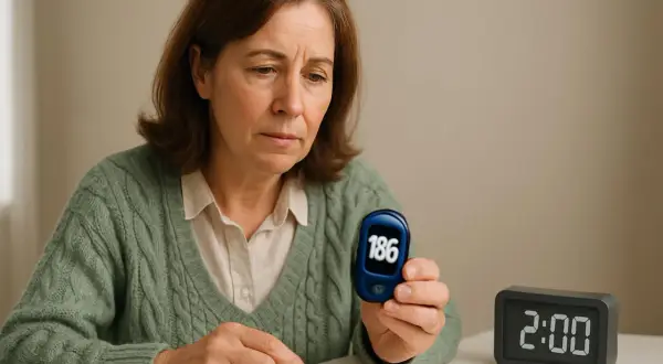 Donna preoccupata guarda il glucometro: glicemia 186 dopo mangiato. L'orologio segna le 2:00.