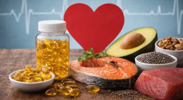 Alimenti ricchi di omega 3 e integratori, con cuore e battito cardiaco stilizzati, per la salute del colesterolo.