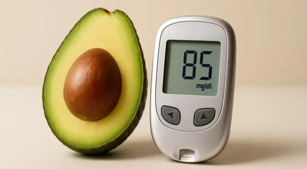 Avocado accanto a un glucometro che segna 85 mg/dL, suggerendo un controllo della glicemia.