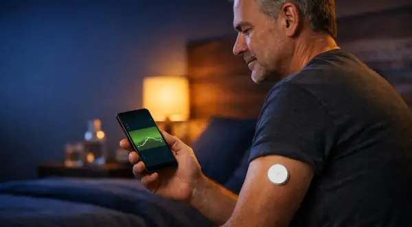 Uomo controlla smartphone con grafico glicemia, monitorando possibili sintomi di glicemia alta di notte.