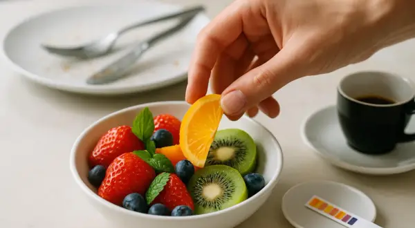 Una mano aggiunge una fetta d'arancia a una ciotola di fragole, mirtilli e kiwi. Un'idea sana per la frutta dopo i pasti.
