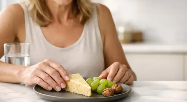 Donna sceglie un pezzo di formaggio, uva e noci. Una sana alimentazione con tabella colesterolo formaggi.