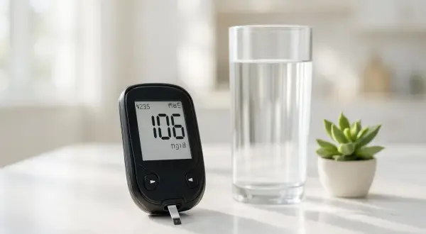 Misurazione glicemia 106 mg/dL a digiuno. Un bicchiere d'acqua e una piccola pianta completano la scena.