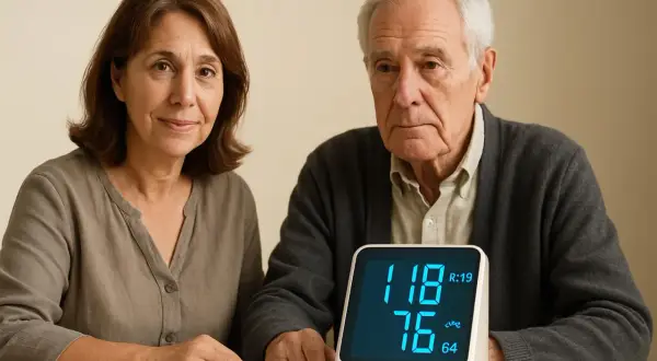 Coppia anziana controlla la pressione. Il dispositivo mostra valori che potrebbero essere confrontati con una tabella frequenza cardiaca per età.