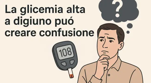 Uomo pensieroso con glucometro che mostra 108. La glicemia alta a digiuno può creare confusione.