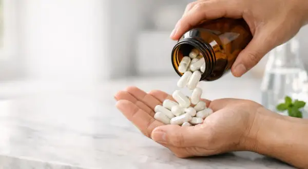 Mani versano capsule da un flacone, preoccupate che il magnesio faccia male al fegato.