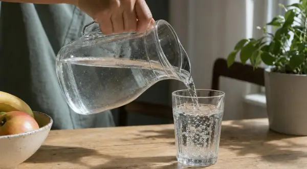 Mano versa acqua da una caraffa in un bicchiere. Attenzione a non bere troppa acqua, ma idratarsi è importante.