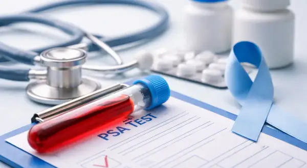 Esame PSA: provetta con sangue, stetoscopio, pillole e nastro blu per la consapevolezza. Un PSA libero basso è un buon segno.