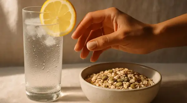 Mano che sfiora una ciotola di fiocchi d'avena e semi, accanto a un bicchiere d'acqua con limone. Ricorda che troppe fibre fanno male.