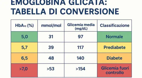 Tabella di conversione emoglobina glicata: un valore di 5,9% indica prediabete, con glicemia media 117 mg/dL.
