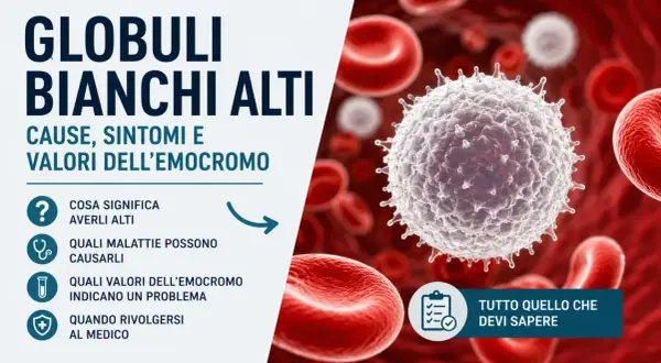 Globuli bianchi alti: cosa sono i leucociti, cause, sintomi e valori dell'emocromo. Immagine di un globulo bianco tra globuli rossi.