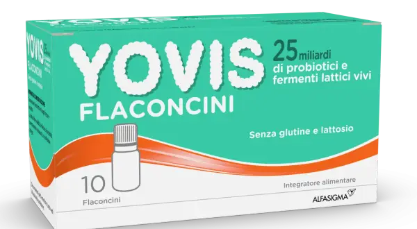 Yovis flaconcini: 25 miliardi di probiotici e fermenti lattici vivi, senza glutine e lattosio. Utile per chi cerca un elenco alimenti che fermentano nell'intestino.