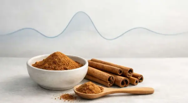 Cannella in polvere e bastoncini, con un cucchiaino. Uno sfondo con un grafico suggerisce un legame tra cannella e glicemia.