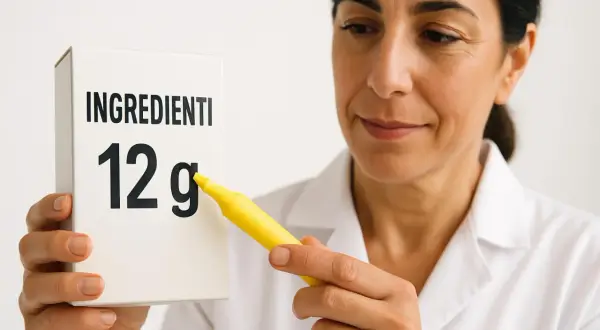 Donna in camice bianco indica con un pennarello giallo la dicitura "12g" su una scatola, evidenziando i carboidrati di cui zuccheri.