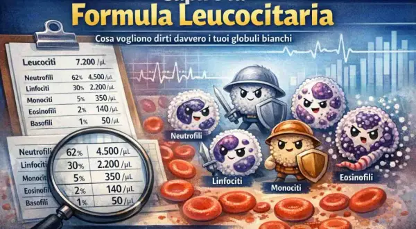 Illustrazione che spiega la formula leucocitaria, con globuli bianchi antropomorfi e tabelle sui monociti valori normali.