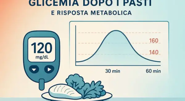 Glicemia dopo 3 ore dal pasto: un glucometro segna 120 mg/dL, con un grafico che mostra l'andamento.