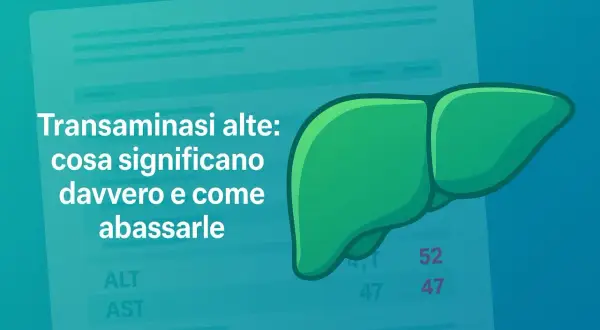 Fegato stilizzato accanto a un grafico con valori ALT e AST. Il testo indica "Transaminasi alte: cosa significano davvero e come abbassarle".