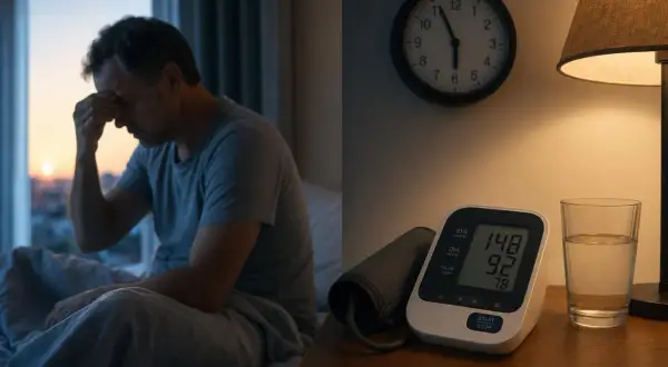 Uomo con mal di testa a letto, vicino a un misuratore di pressione che segna 148/92. La pressione è più alta la mattina o la sera?