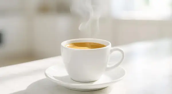 Tazza di caffè fumante su un piattino bianco. Attenzione, il caffè fa male al fegato se consumato in eccesso.