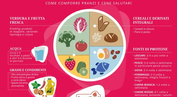 Il piatto smart include verdura, frutta, cereali integrali, grassi e condimenti, acqua e fonti di proteine come legumi, pesce, uova, formaggi, carne bianca e rossa.
