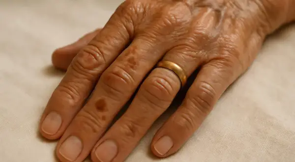 Mano anziana con macchie solari, simili a **palmi mani rosse fegato**, indossa un anello d'oro.