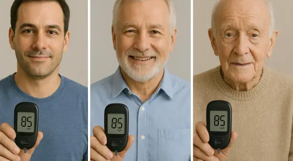 Uomini di diverse età mostrano un glucometro con valore 85, indicando glicemia valori normali per età.