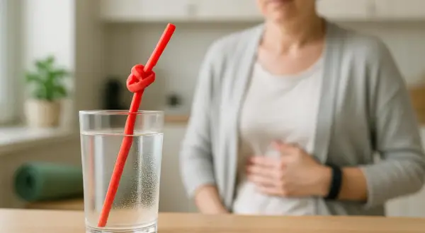 Donna con mano sullo stomaco, simbolo di un nodo allo stomaco. Bicchiere d'acqua con cannuccia annodata.